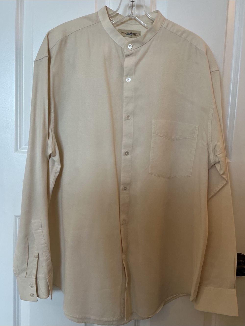 TravelSmith Cream Mandarin Collar Long-Sleeve Shirt